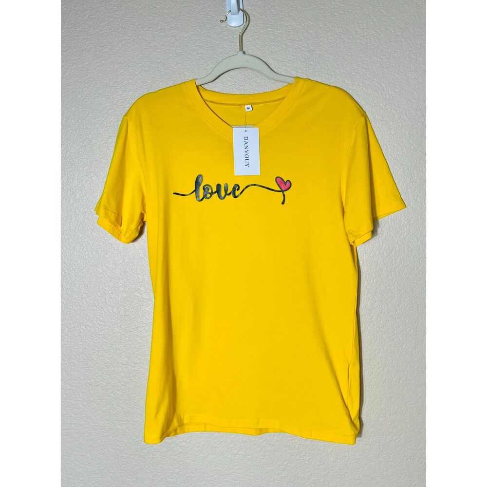 NWT Yellow LOVE Flower Tee Shirt V Neck Medium